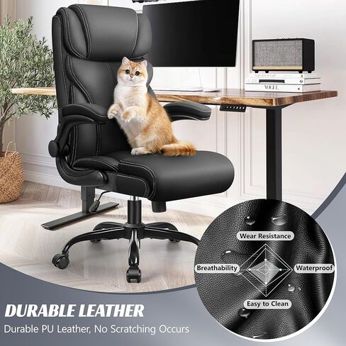 Office Chair, Ergonomic Big and Tall Computer Desk Chairs, Executive Breathable Leather Chair with Adjustable Flip-up Armrests, Lumbar Support Swivel PC Chair with Rocking Function in Kuwait