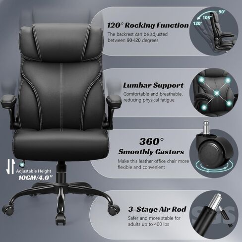 Office Chair, Ergonomic Big and Tall Computer Desk Chairs, Executive Breathable Leather Chair with Adjustable Flip-up Armrests, Lumbar Support Swivel PC Chair with Rocking Function in Kuwait