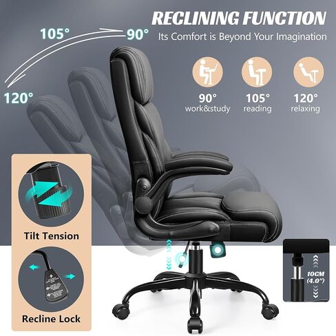Office Chair, Ergonomic Big and Tall Computer Desk Chairs, Executive Breathable Leather Chair with Adjustable Flip-up Armrests, Lumbar Support Swivel PC Chair with Rocking Function in Kuwait