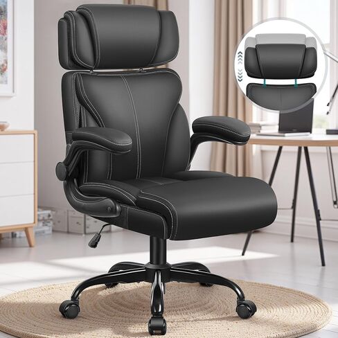 Office Chair, Ergonomic Big and Tall Computer Desk Chairs, Executive Breathable Leather Chair with Adjustable Flip-up Armrests, Lumbar Support Swivel PC Chair with Rocking Function in Kuwait