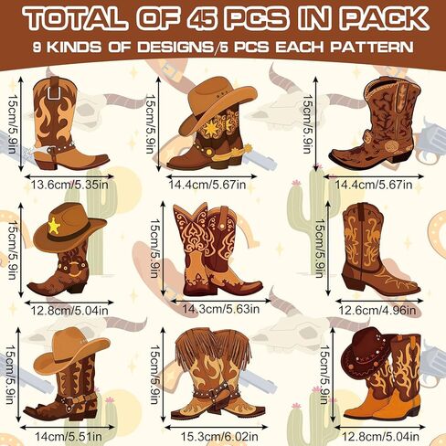 AnyDesign 45 قطعة من قطع أحذية رعاة البقر الغربية ذات اللون البني من Wild West Rodeo مع 100 قطعة من نقاط الصمغ للحرف اليدوية DIY وحفلات أعياد الميلاد ولوحة الإعلانات في الفصل الدراسي in Kuwait