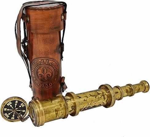 Vintage Brass Telescope with Antique Leather Case and Compass, London 1920 Design in Saudi Arabia
