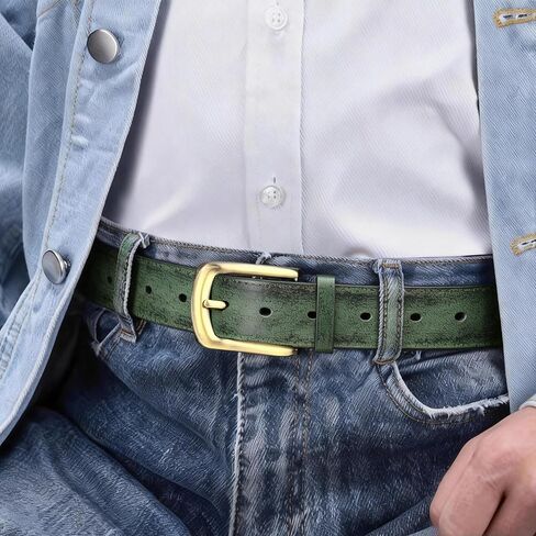Men's Casual Leather Belt, Handmade Vintage Green Jeans Belt for Everyday Work Casual, Packed in Gift Box in Saudi Arabia