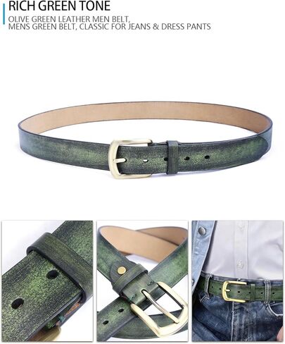 Men's Casual Leather Belt, Handmade Vintage Green Jeans Belt for Everyday Work Casual, Packed in Gift Box in Saudi Arabia