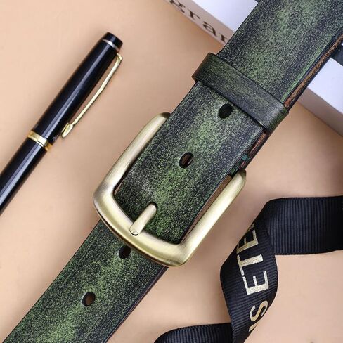 Men's Casual Leather Belt, Handmade Vintage Green Jeans Belt for Everyday Work Casual, Packed in Gift Box in Saudi Arabia