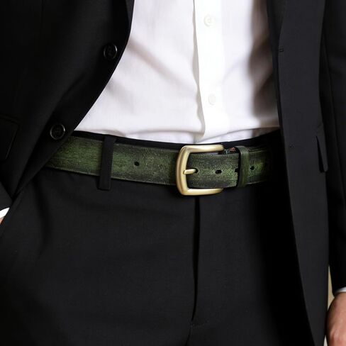 Men's Casual Leather Belt, Handmade Vintage Green Jeans Belt for Everyday Work Casual, Packed in Gift Box in Saudi Arabia