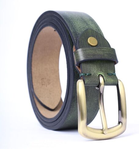 Men's Casual Leather Belt, Handmade Vintage Green Jeans Belt for Everyday Work Casual, Packed in Gift Box in Saudi Arabia