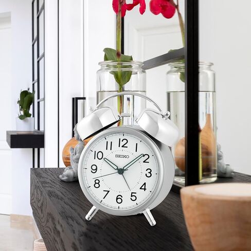 Seiko QHK063SLH Retro Modern Bell Non Ticking Bedroom Alarm Clock, Silver, 6 x 5 Inches in Kuwait