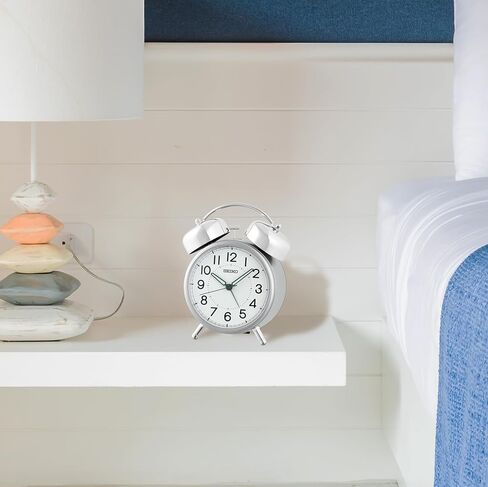 Seiko QHK063SLH Retro Modern Bell Non Ticking Bedroom Alarm Clock, Silver, 6 x 5 Inches in Kuwait