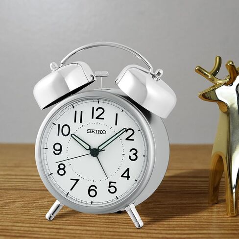 Seiko QHK063SLH Retro Modern Bell Non Ticking Bedroom Alarm Clock, Silver, 6 x 5 Inches in Kuwait