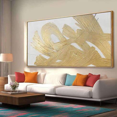 XIANSHOU White and Gold Wall Painting Neutral Wall Decor Modern Abstract Wall Art Minimalist Art 29"x58" Artwork for Living Room Kitchen Dining Room in Saudi Arabia