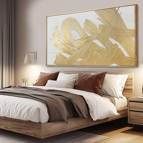 XIANSHOU White and Gold Wall Painting Neutral Wall Decor Modern Abstract Wall Art Minimalist Art 29"x58" Artwork for Living Room Kitchen Dining Room in Saudi Arabia