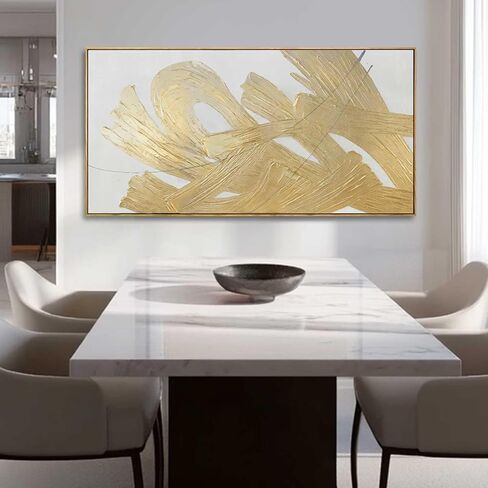 XIANSHOU White and Gold Wall Painting Neutral Wall Decor Modern Abstract Wall Art Minimalist Art 29"x58" Artwork for Living Room Kitchen Dining Room in Saudi Arabia