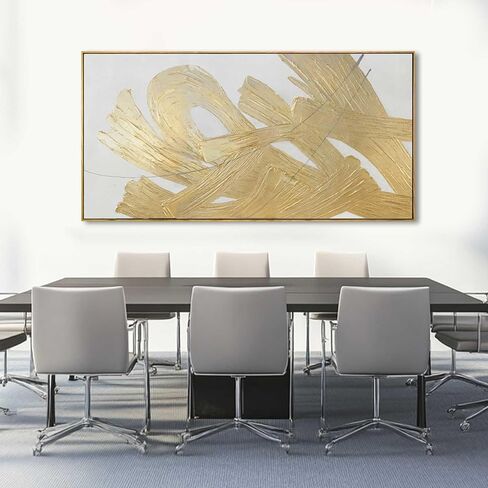 XIANSHOU White and Gold Wall Painting Neutral Wall Decor Modern Abstract Wall Art Minimalist Art 29"x58" Artwork for Living Room Kitchen Dining Room in Saudi Arabia