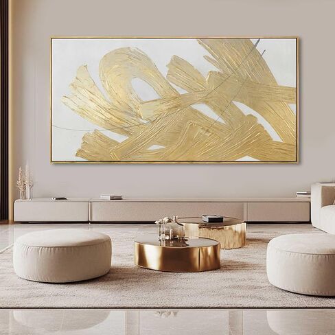 XIANSHOU White and Gold Wall Painting Neutral Wall Decor Modern Abstract Wall Art Minimalist Art 29"x58" Artwork for Living Room Kitchen Dining Room in Saudi Arabia