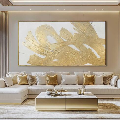 XIANSHOU White and Gold Wall Painting Neutral Wall Decor Modern Abstract Wall Art Minimalist Art 29"x58" Artwork for Living Room Kitchen Dining Room in Saudi Arabia