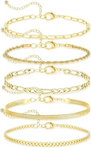 أساور مطلية بالذهب عيار 14 قيراط للنساء، مجموعة أساور أنيقة قابلة للتعديل مع خرز، كوبي، مشبك ورق، عظم متعرج، فيجارو، ثعبان، حبل وسلسلة صندوقية، هدية مجوهرات عصرية لها in Kuwait