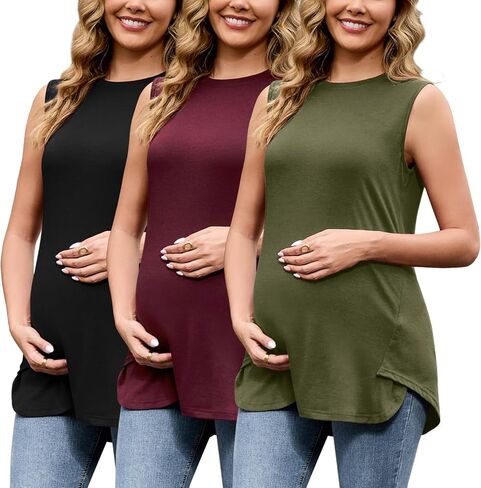 DEBELLY قمصان الحمل للأمهات مكونة من 3 قطع بدون أكمام للنساء بفتحة جانبية وفضفاضة مناسبة للارتداء اليومي غير الرسمي in Kuwait