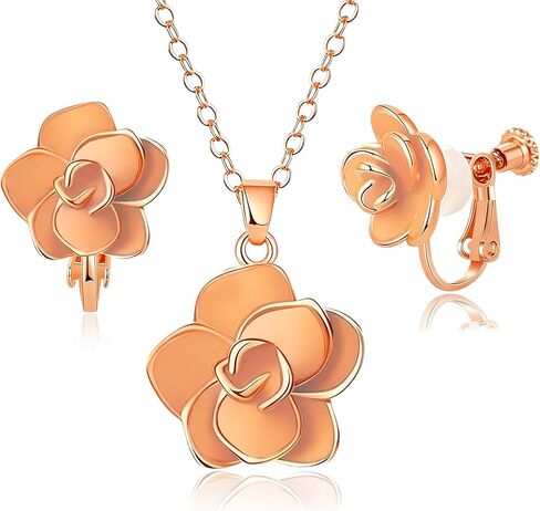 Dainty Rose Flower Pendant Necklace Clip On Earrings Set for Women 14K Gold Plated Hypoallergenic Jewelry Sets in Saudi Arabia