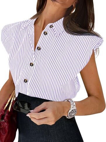 Tankaneo Womens Cap Sleeve Button Down Shirt Summer Striped Collared Tops Loose Casual Dressy Blouse in Saudi Arabia