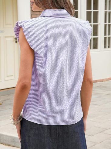 Tankaneo Womens Cap Sleeve Button Down Shirt Summer Striped Collared Tops Loose Casual Dressy Blouse in Saudi Arabia