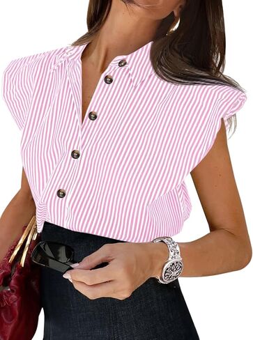 Tankaneo Womens Cap Sleeve Button Down Shirt Summer Striped Collared Tops Loose Casual Dressy Blouse in Saudi Arabia