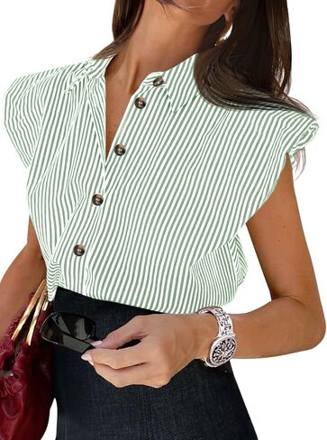 Tankaneo Womens Cap Sleeve Button Down Shirt Summer Striped Collared Tops Loose Casual Dressy Blouse in Saudi Arabia