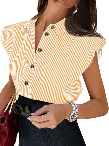 Tankaneo Womens Cap Sleeve Button Down Shirt Summer Striped Collared Tops Loose Casual Dressy Blouse in Saudi Arabia