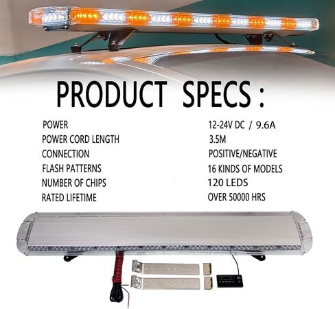 63 بوصة 120 LED كهرمان/أبيض شريط أضواء تحذيرية للطوارئ على السطح مع دعامات تثبيت قابلة للتعديل، للمركبات والأمن ومحراث الثلج وشاحنات السحب in Kuwait