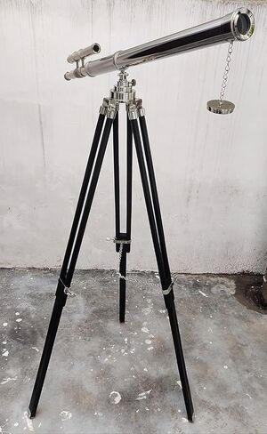 Maritime Marine Vintage Chrome/Nickle Finish Designer Telescope Nautical Style Double Barrel Black Adjustable Wooden Floor Standing Tripod Collectible Items in Kuwait