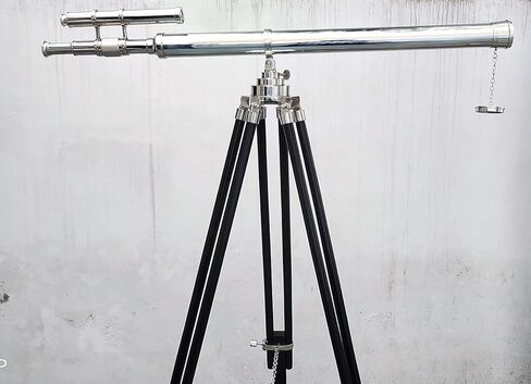 Maritime Marine Vintage Chrome/Nickle Finish Designer Telescope Nautical Style Double Barrel Black Adjustable Wooden Floor Standing Tripod Collectible Items in Kuwait