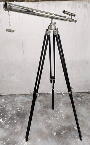 Maritime Marine Vintage Chrome/Nickle Finish Designer Telescope Nautical Style Double Barrel Black Adjustable Wooden Floor Standing Tripod Collectible Items in Kuwait