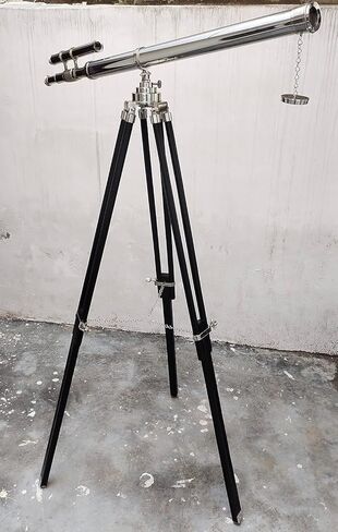 Maritime Marine Vintage Chrome/Nickle Finish Designer Telescope Nautical Style Double Barrel Black Adjustable Wooden Floor Standing Tripod Collectible Items in Kuwait