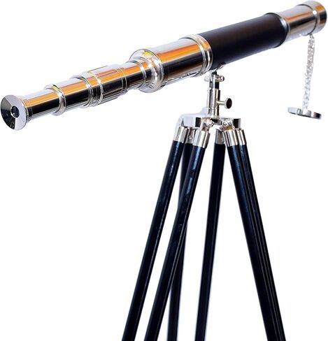 Handmade Antique Vintage Chrome/Nickle Finish Telescope Nautical Design Single Barrel Adjustable Black Wooden Floor Standing Tripod for Authentic Decor in Kuwait