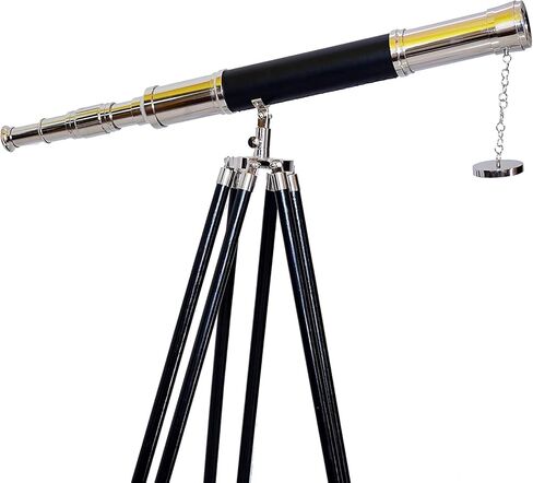 Handmade Antique Vintage Chrome/Nickle Finish Telescope Nautical Design Single Barrel Adjustable Black Wooden Floor Standing Tripod for Authentic Decor in Kuwait