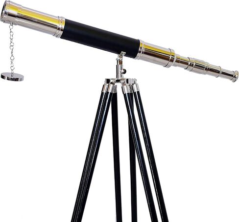 Handmade Antique Vintage Chrome/Nickle Finish Telescope Nautical Design Single Barrel Adjustable Black Wooden Floor Standing Tripod for Authentic Decor in Kuwait