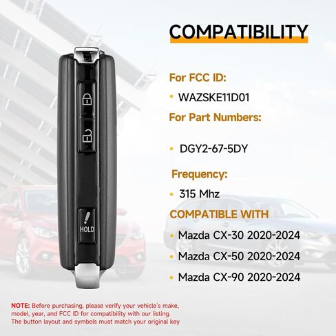 استبدال المفتاح الذكي Fob يناسب Mazda CX-30 CX-50 CX-90 2020 2021 2022 2023 2024 Smart Proximity Car دخول بدون مفتاح التحكم عن بعد SUV 315Mhz 6A WAZSKE11D01 DGY2-67-5DY (لا يناسب سيدان) in Saudi Arabia