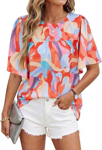 NALANISA قطع علوية نسائية صيفية بوهو 2026 بأكمام قصيرة وفتحة رقبة مستديرة ومزينة بالزهور بلوزات عمل غير رسمية فضفاضة وقمصان in Kuwait