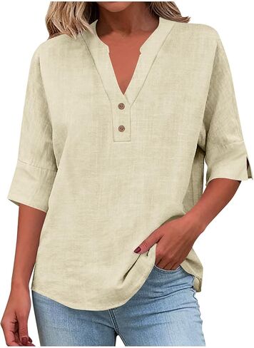 Womens Cotton Linen Elbow Sleeve Tops Dressy Casual Button V Neck Gauzy Shirts Loose Plain Work Office Tunic Blouses in Saudi Arabia