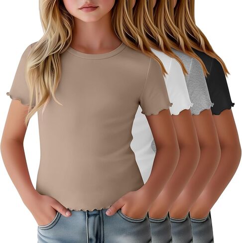 4 Pack Girls Short Sleeve T-Shirts Kids Summer Tops Crewneck Lettuce Trim Slim Fit Comfy Casual Tees 5-16 Years in Saudi Arabia