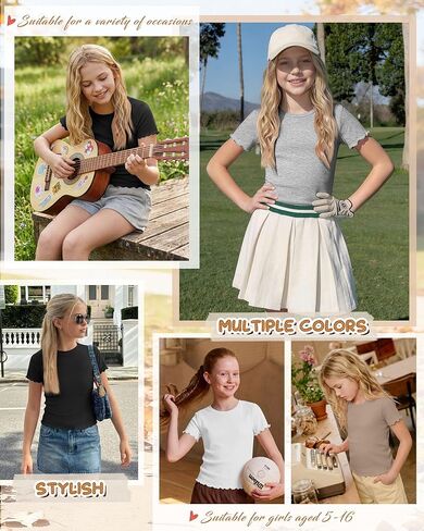 4 Pack Girls Short Sleeve T-Shirts Kids Summer Tops Crewneck Lettuce Trim Slim Fit Comfy Casual Tees 5-16 Years in Saudi Arabia