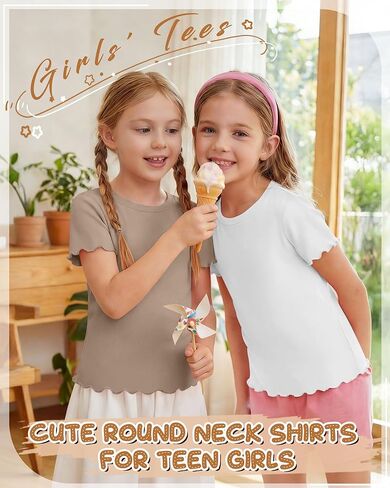 4 Pack Girls Short Sleeve T-Shirts Kids Summer Tops Crewneck Lettuce Trim Slim Fit Comfy Casual Tees 5-16 Years in Saudi Arabia