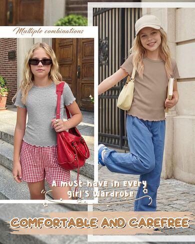 4 Pack Girls Short Sleeve T-Shirts Kids Summer Tops Crewneck Lettuce Trim Slim Fit Comfy Casual Tees 5-16 Years in Saudi Arabia