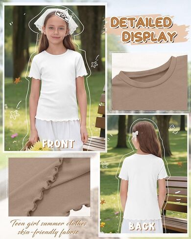 4 Pack Girls Short Sleeve T-Shirts Kids Summer Tops Crewneck Lettuce Trim Slim Fit Comfy Casual Tees 5-16 Years in Saudi Arabia