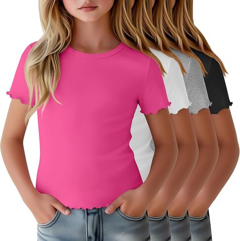 4 Pack Girls Short Sleeve T-Shirts Kids Summer Tops Crewneck Lettuce Trim Slim Fit Comfy Casual Tees 5-16 Years in Saudi Arabia