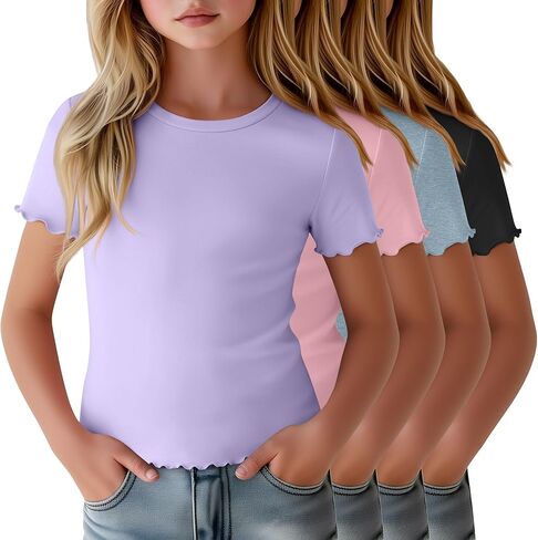 4 Pack Girls Short Sleeve T-Shirts Kids Summer Tops Crewneck Lettuce Trim Slim Fit Comfy Casual Tees 5-16 Years in Saudi Arabia