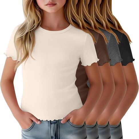 4 Pack Girls Short Sleeve T-Shirts Kids Summer Tops Crewneck Lettuce Trim Slim Fit Comfy Casual Tees 5-16 Years in Saudi Arabia