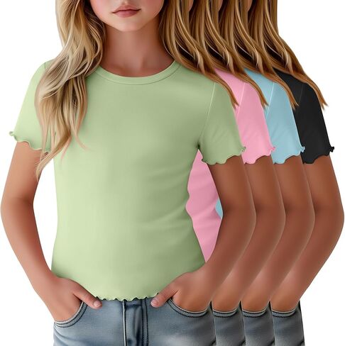 4 Pack Girls Short Sleeve T-Shirts Kids Summer Tops Crewneck Lettuce Trim Slim Fit Comfy Casual Tees 5-16 Years in Saudi Arabia