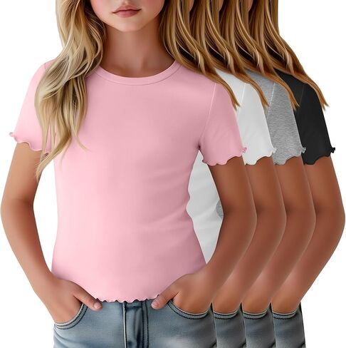 4 Pack Girls Short Sleeve T-Shirts Kids Summer Tops Crewneck Lettuce Trim Slim Fit Comfy Casual Tees 5-16 Years in Saudi Arabia