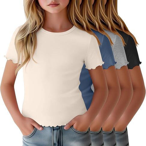 4 Pack Girls Short Sleeve T-Shirts Kids Summer Tops Crewneck Lettuce Trim Slim Fit Comfy Casual Tees 5-16 Years in Saudi Arabia